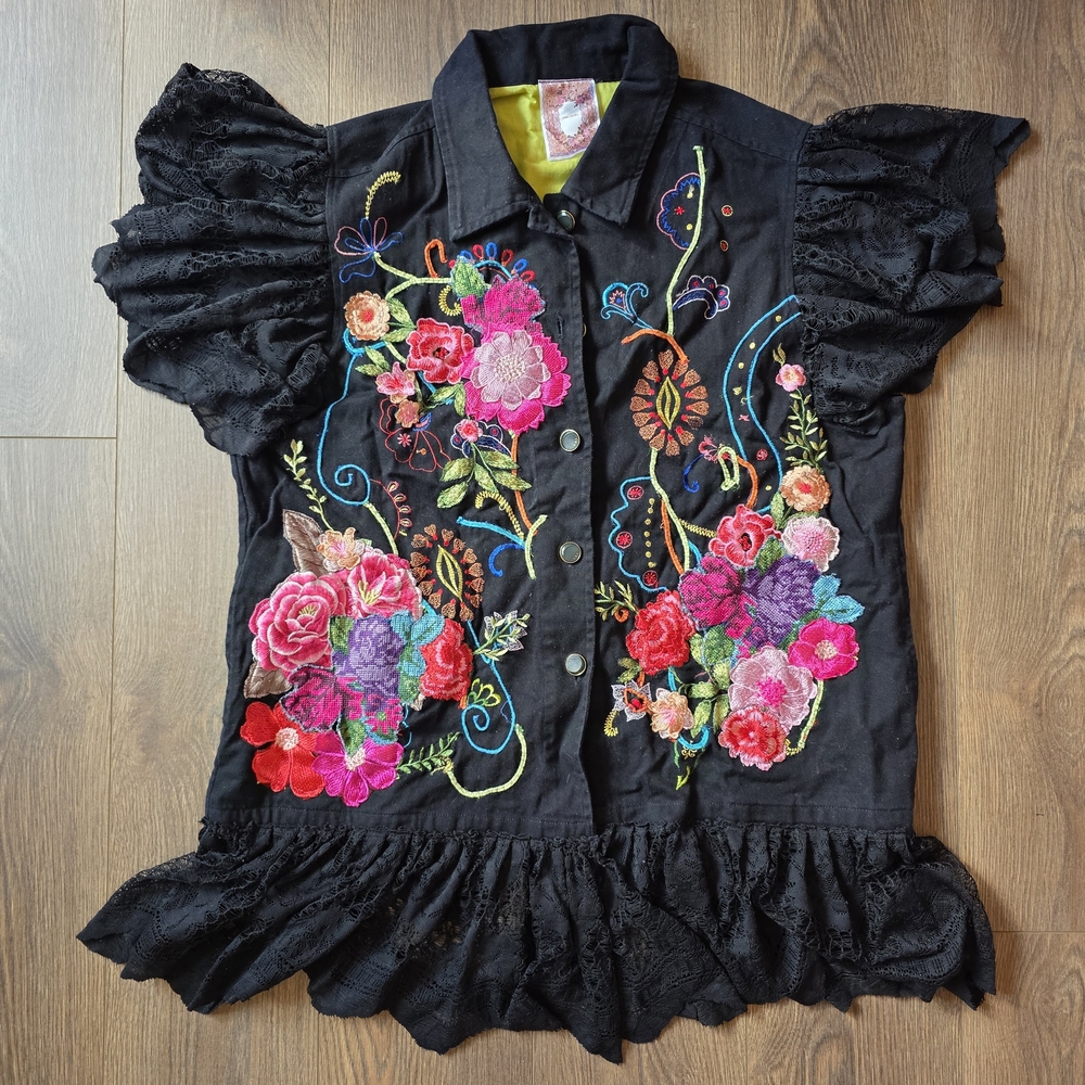 Embroidered Black Floral Button-Up Blouse